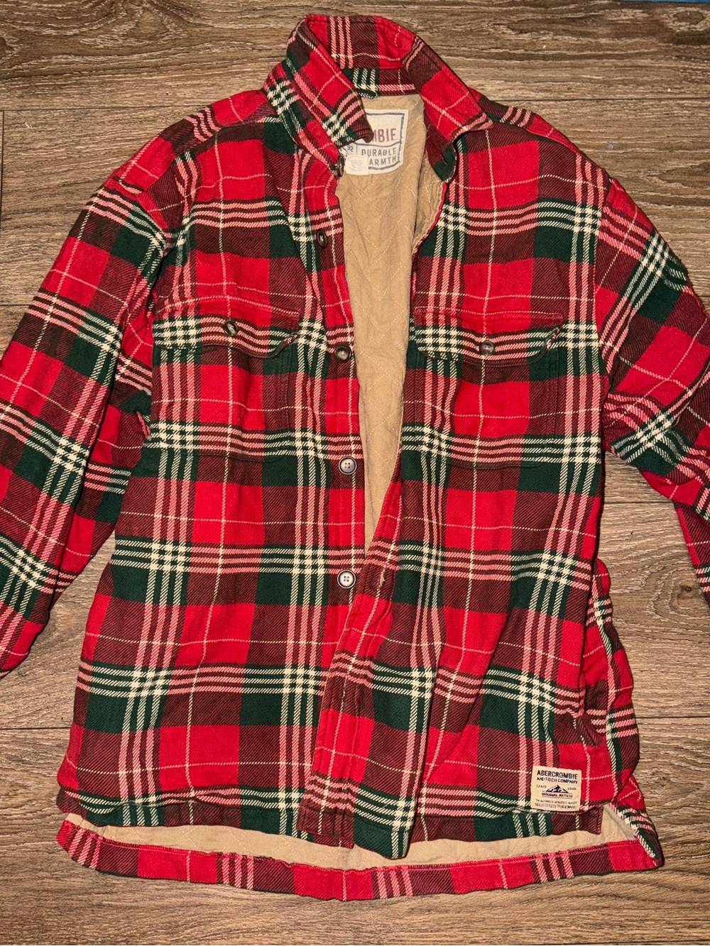 Abercrombie Red & Green Plaid Quilted-Lined Shirt Jacket